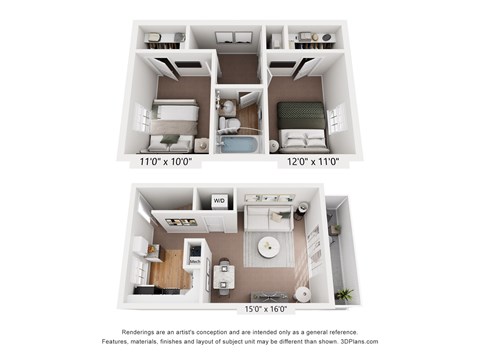 Floor plan for 2 beds, 1 bath, 840 sqft